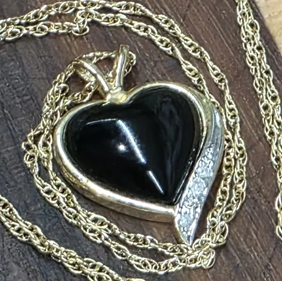 14K 10K Plumb Solid Yellow Gold Diamond Onyx Heart Pendant Ring & Necklace - Picture 15 of 17